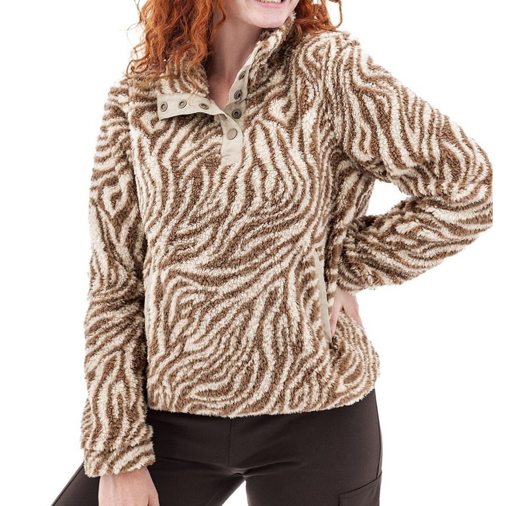 Aventura Zebra Print Fleece‎ Pullover Snap Neck Women's M Beige Cozy Animal NWOT